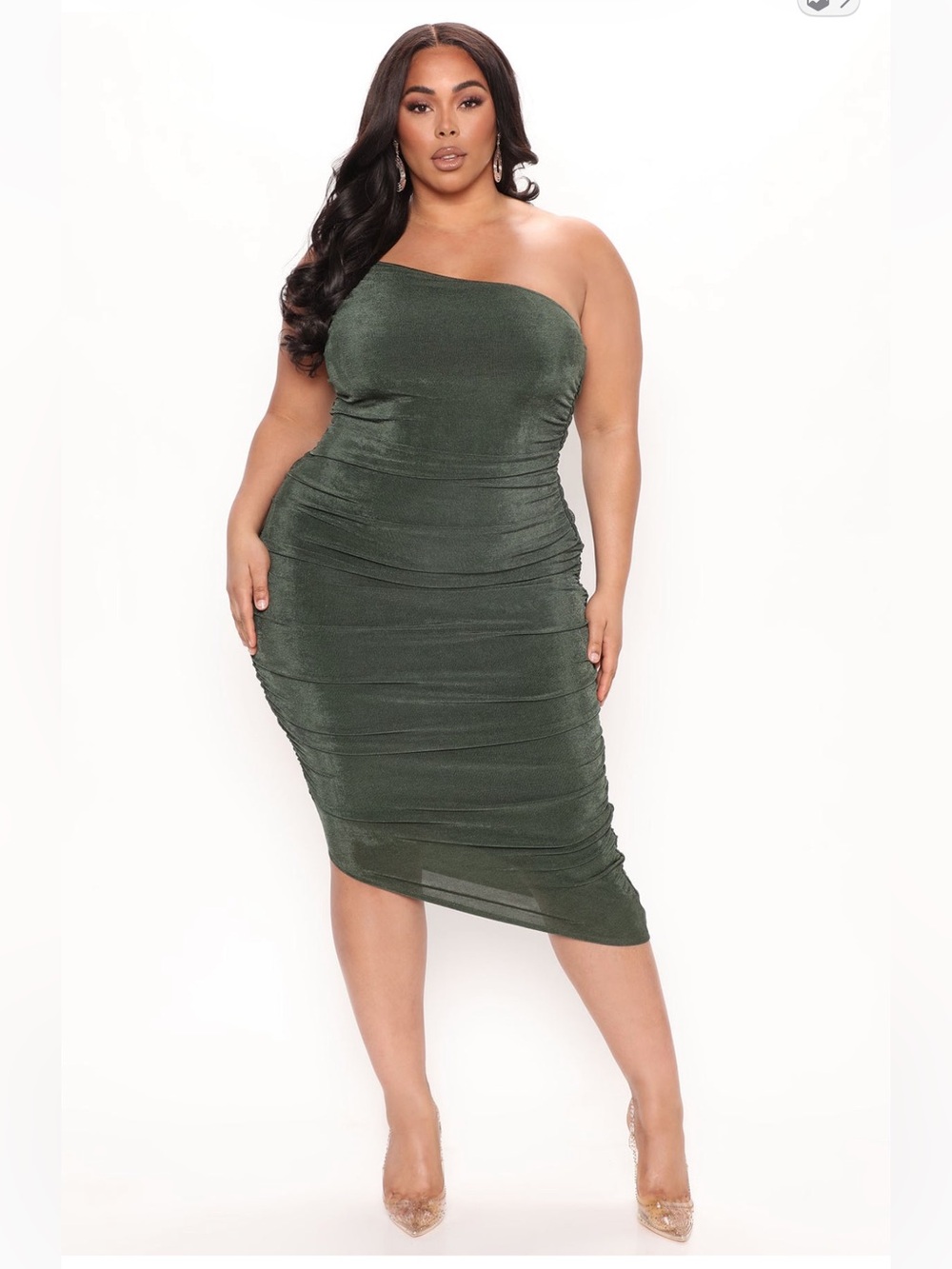Fashion Nova One-Shoulder Asymmetrical Ruched Skirt in Forest Green
